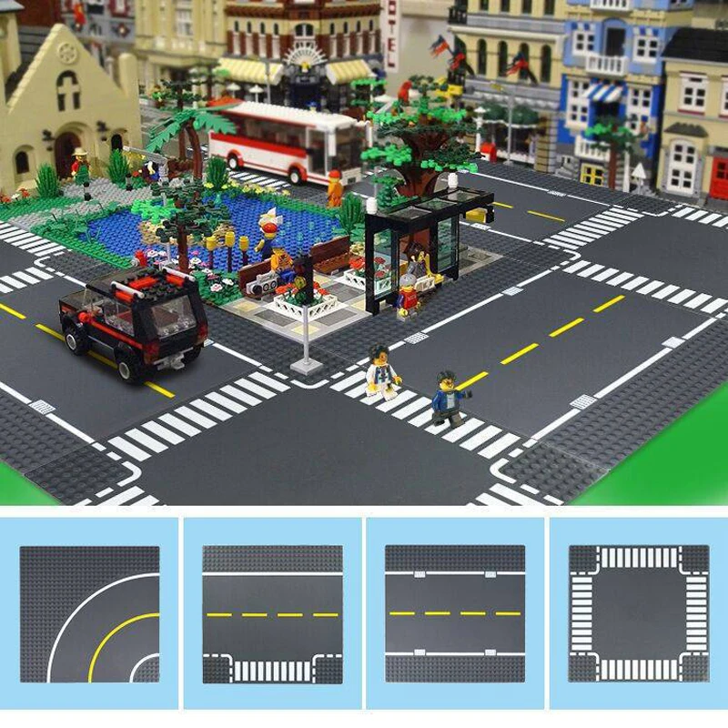 Base de carretera para bloques de construcción con figuras de tráfico