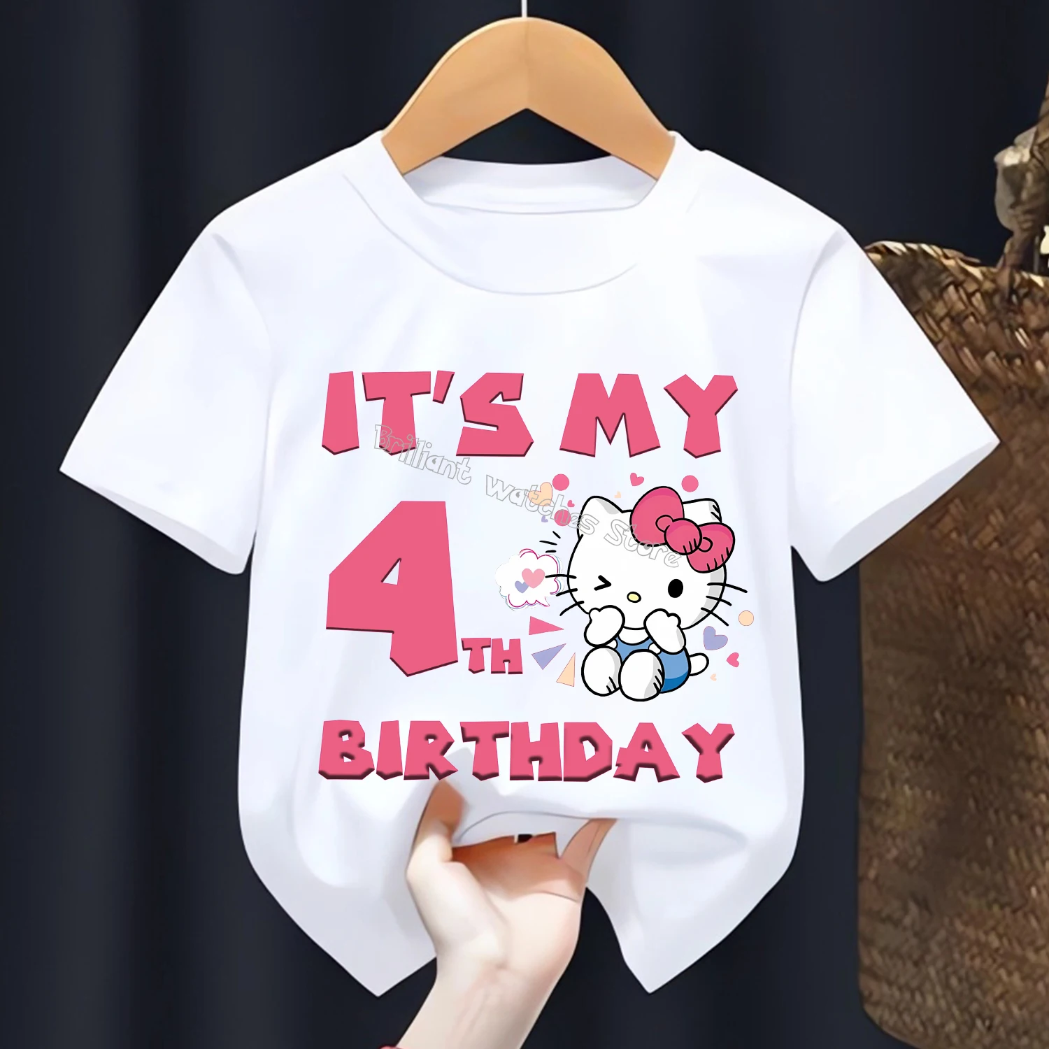 Camiseta con figura de cumpleaños de Hello Kitty para niños, camiseta blanca de dibujos animados bonitos, Top Kawaii de algodón de manga corta para niñas, regalo de manga corta - imagen 4