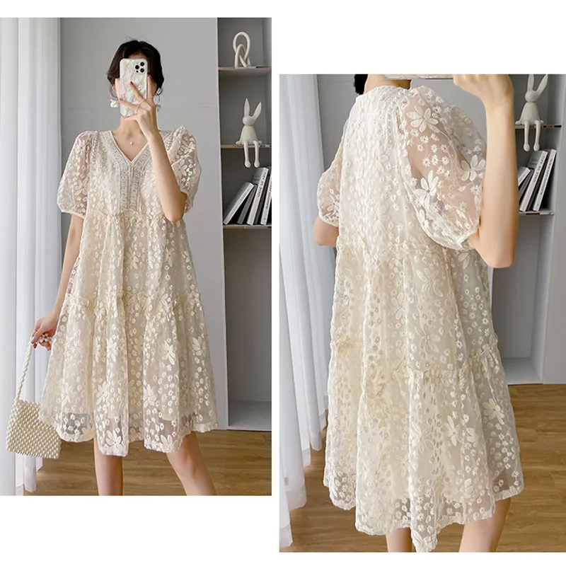 Vestido de verano de maternidad nueva moda vestido de manga corta de encaje bordado suelto Casual dulce elegante vestido de ropa de maternidad - imagen 4