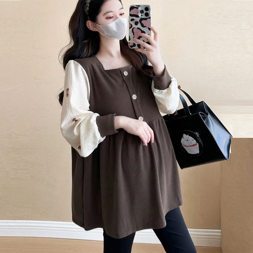 Otoño primavera moda Patchwork blusas de maternidad camisa suelta de moda ropa para mujeres embarazadas Chic Ins Tops de embarazo - imagen 2