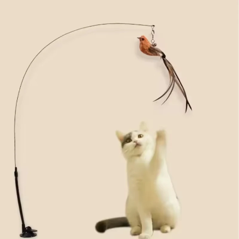 Juguete interactivo de plumas para gato y pájaro, ventosa, palo para gato con campana, juguete para gatito, recarga de repuesto para morder, juguete para masticar para gato - imagen 5