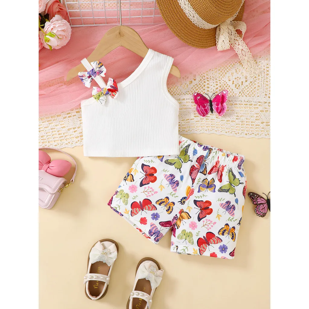 Traje de 2 uds para niña pequeña, Tops con hombros inclinados recortados con dos lazos + pantalones cortos con estampado de mariposas, trajes de moda de verano para bebé de 0 a 3 años - imagen 3
