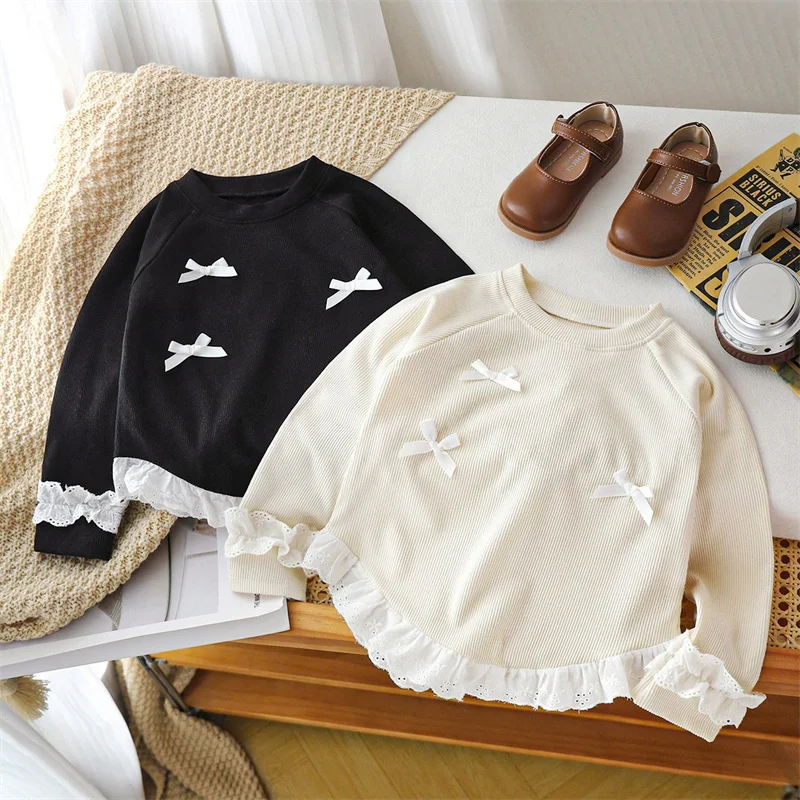 Camisa de manga larga con encaje y pajarita para niñas - imagen 5