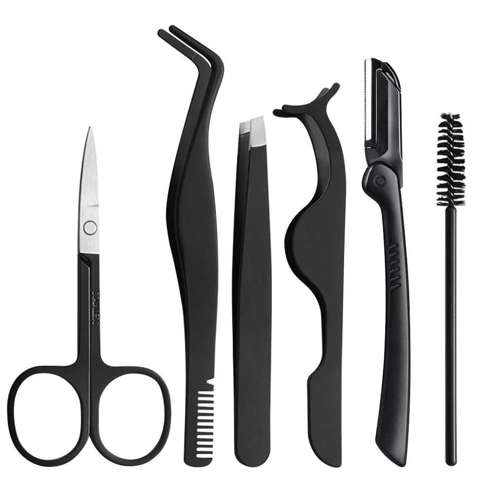Pinzas de punta curva para extensión, 1/6 Uds., juego de pinzas para pestañas, pinzas para cejas de acero inoxidable, Clip, tijera, accesorios de maquillaje de belleza