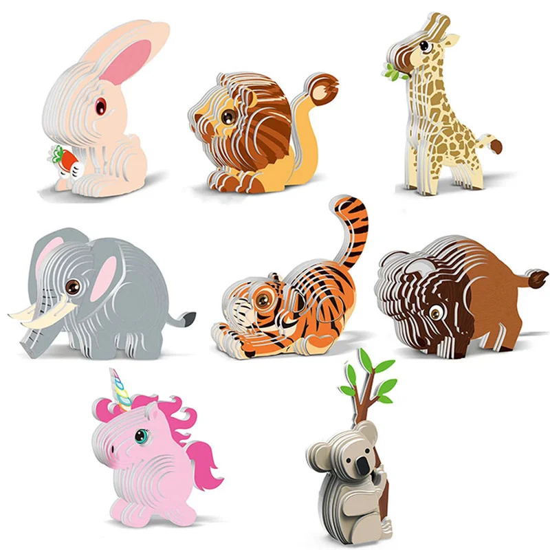 Rompecabezas 3D DIY con tema Animal, León, Tigre, conejo, modelo de juguete de papel de dibujos animados, montaje de Aprendizaje Temprano para niños, rompecabezas tridimensional