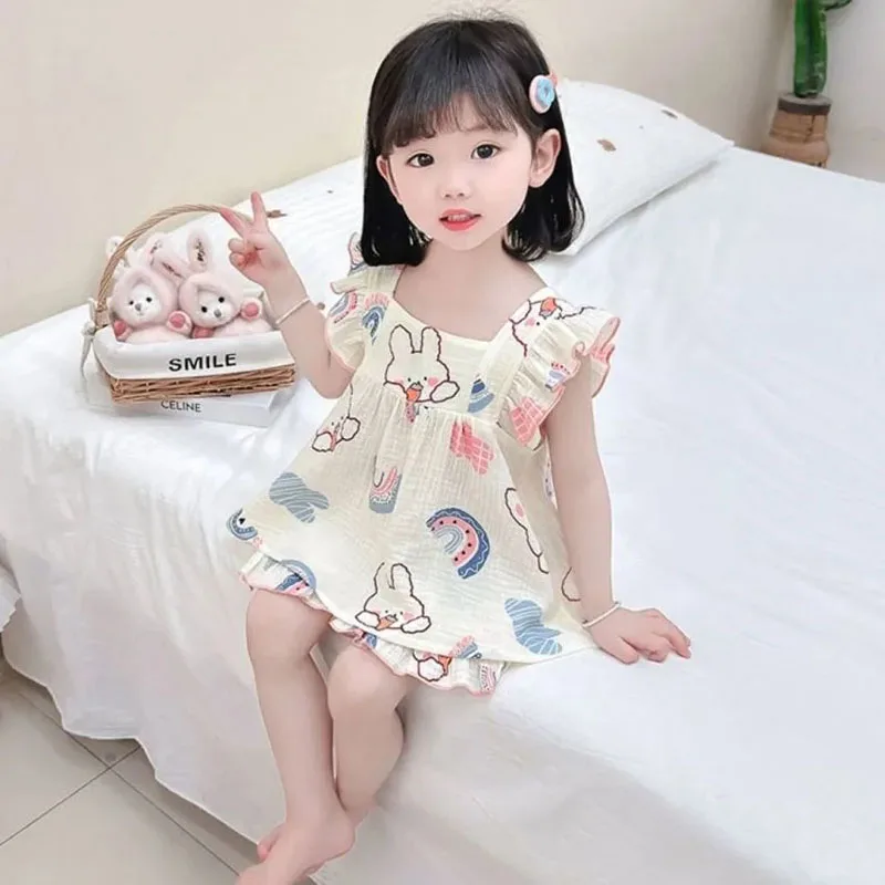 Conjunto de pijama con estampado de dibujos animados para niña, pijamas finos con tirantes, pantalones cortos, ropa para el hogar para niño, conjunto de dos piezas - imagen 4