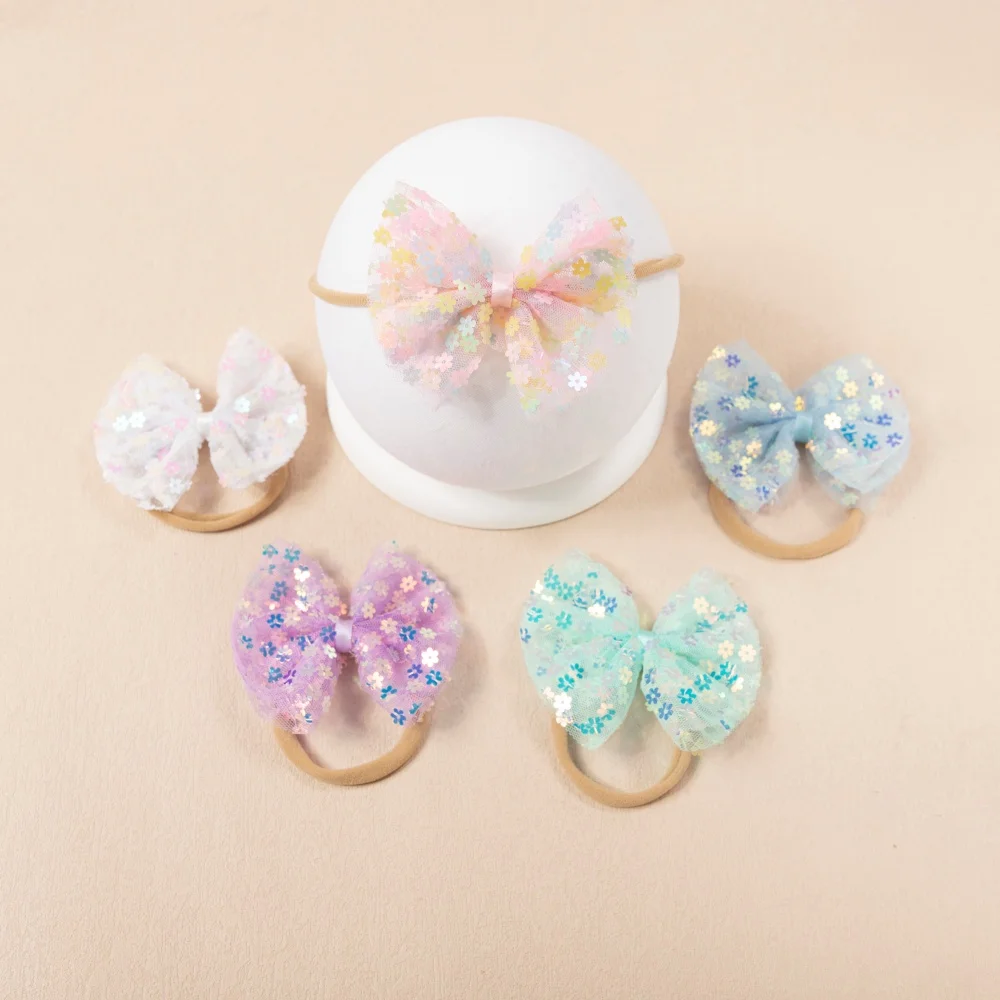 5 unids/set nuevo agradable arco banda para el cabello Color caramelo malla lentejuelas arco diademas para recién nacidos niñas lindos sombreros para niños