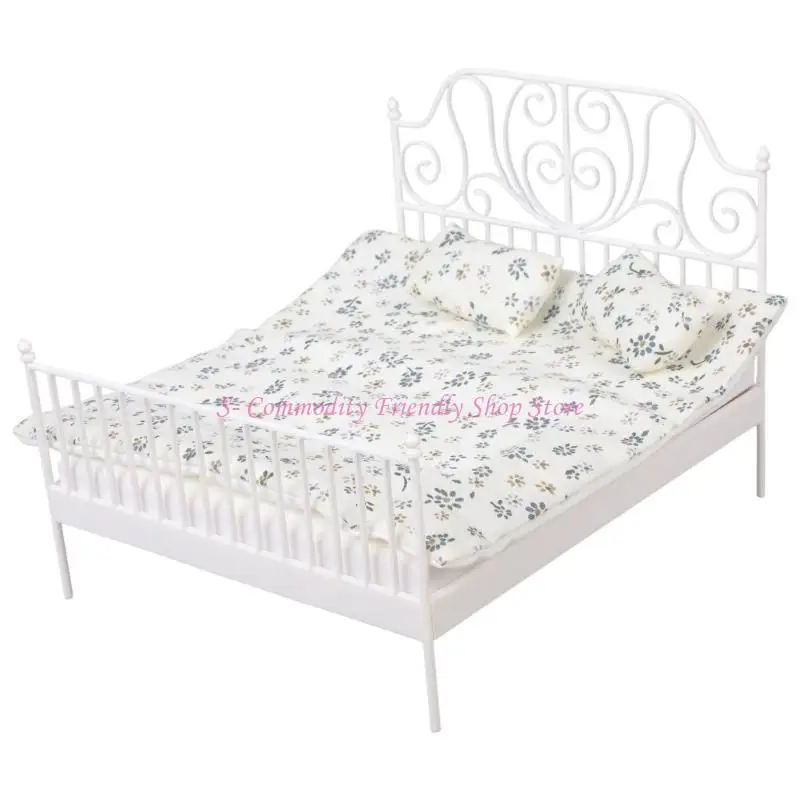 Cama miniatura 85ae Cottage con ropa cama 1/12 casas muñecas muebles muebles accesorios