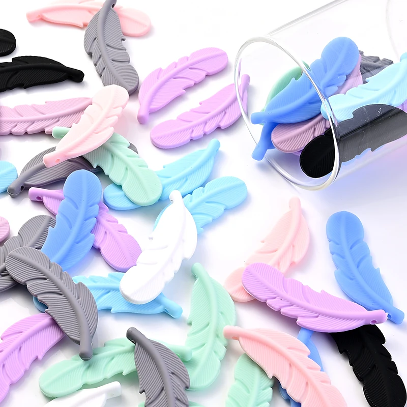 10 Uds. De cuentas de plumas de silicona de 18x56mm, cuentas de dentición para mordedor de bebé, Clip de cadena de chupete para bebé, collar de cuidado DIY, fabricación de joyas - imagen 3