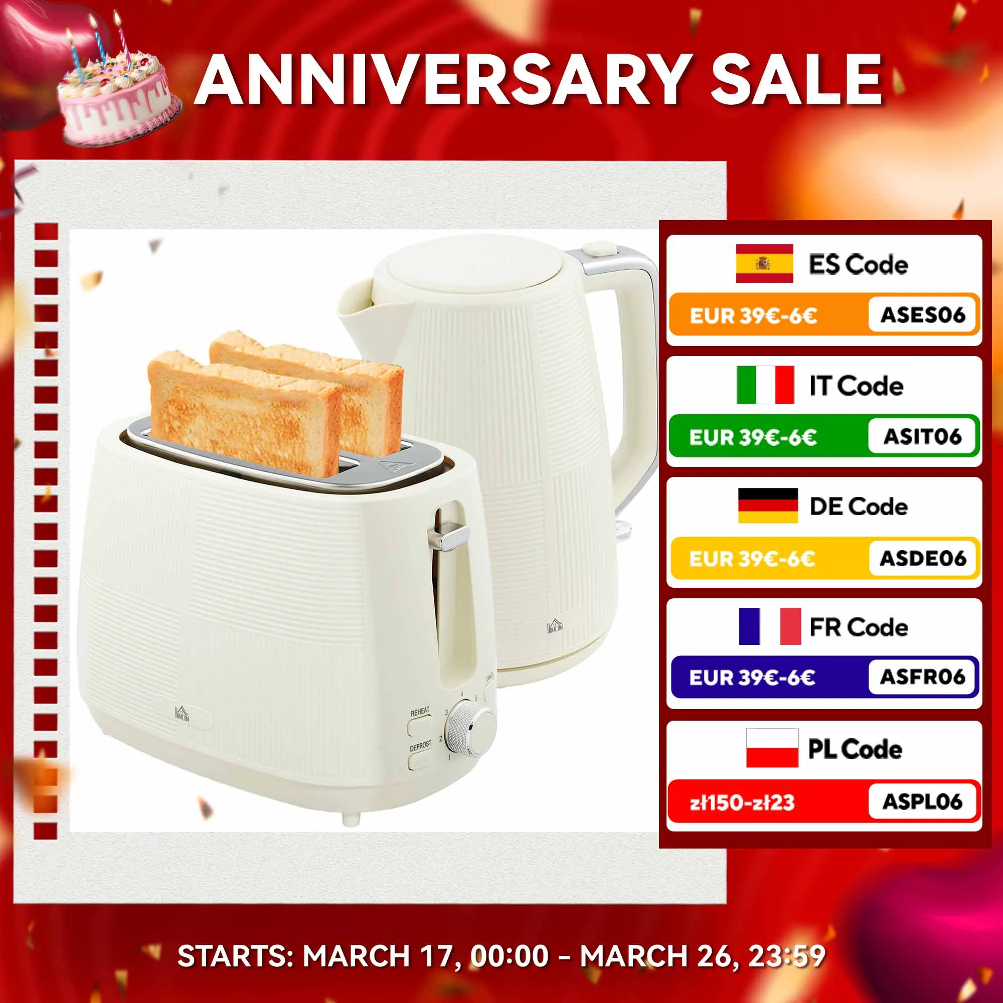 HOMCOM Juego de Tostador y Hervidor Hervidor de Agua Eléctrico de Acero Inoxidable 2200W 1,7L Tostadora Pan Ranura Ancha para 2 Rebanadas 3 Funciones Crema