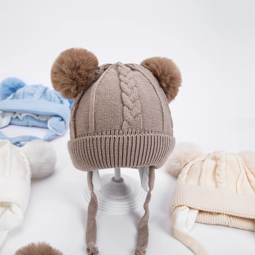 Gorros de punto con textura de oso para bebés y niñas, gorros gruesos y cálidos con protección para los oídos, forro de algodón, diademas para niños - imagen 5