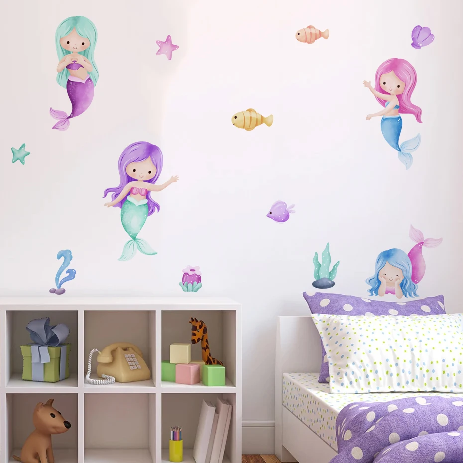 Pegatinas de pared acuarela con sirena y mar para habitación infantil - imagen 3