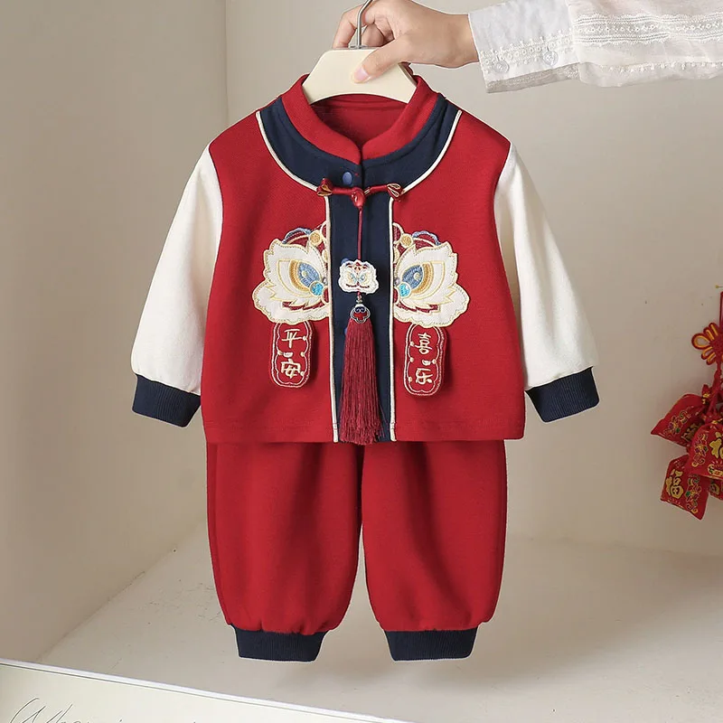 Conjunto de bebé niño estilo chino rojo de manga larga y pantalón - imagen 2