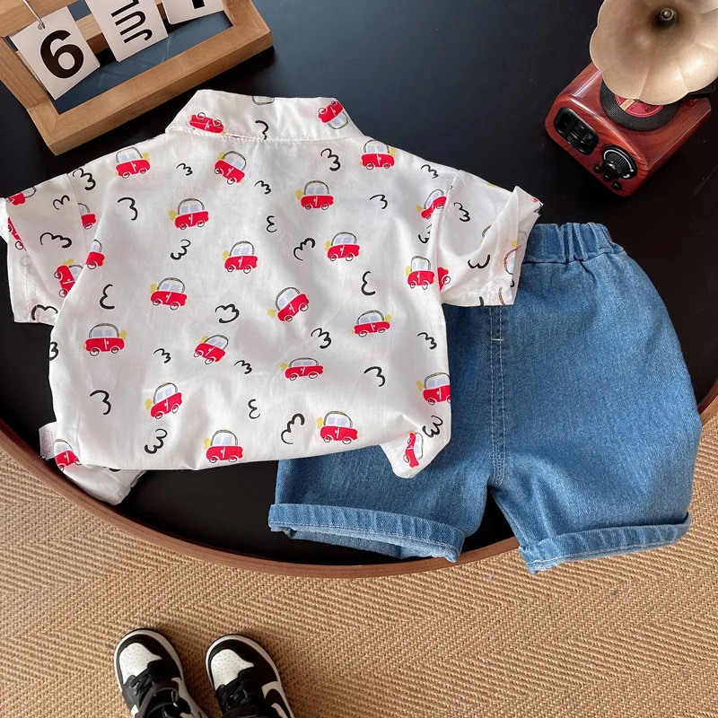 Conjuntos de 2 piezas de ropa de Boutique para niño, moda coreana, Tops informales de manga corta con dibujos animados para bebé + Pantalones cortos vaqueros, ropa para niño B014 - imagen 2