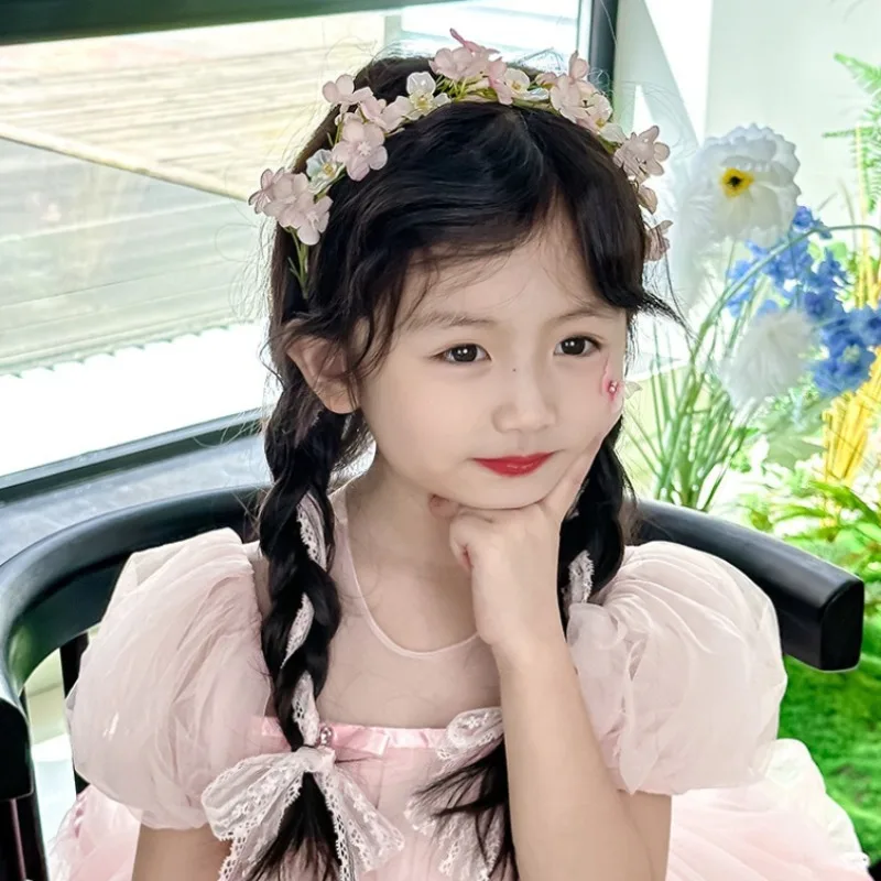 Tocado de encaje de flores y corona para niños, guirnalda de princesa bonita, cinta de perlas, broche para el pelo, accesorios para el cabello para niñas con flores de boda - imagen 4