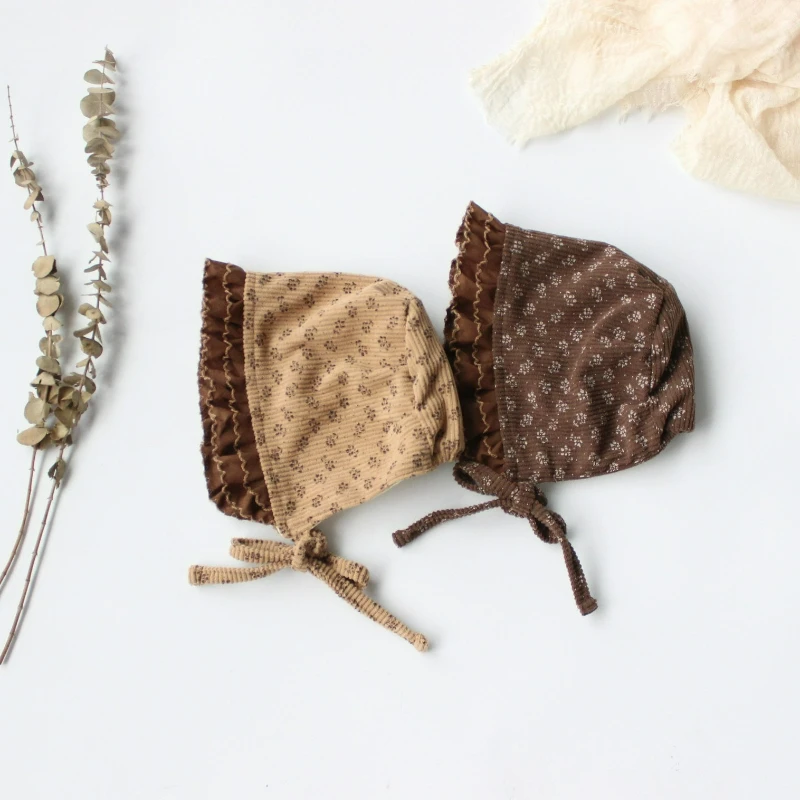 Sombrero de corte de pana estilo bosque, sombrero de princesa de encaje festoneado de Lolita, sombrero suave Vintage para niña de otoño e invierno - imagen 3