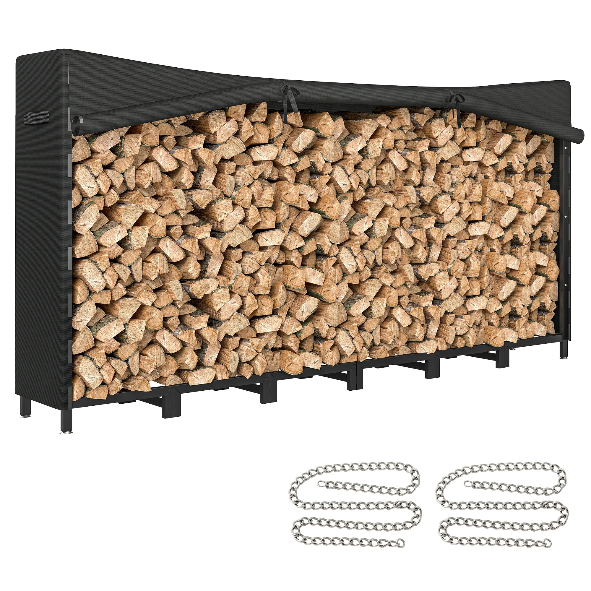 Outsunny Estante de Leña Metálico, 235x31x116 cm, Leñero Exterior con Cubierta Impermeable 600D Oxford, Marco de Acero y Cadenas de Acero, Soporte para Leña de Chimenea, Almacenaje para Madera, Negro