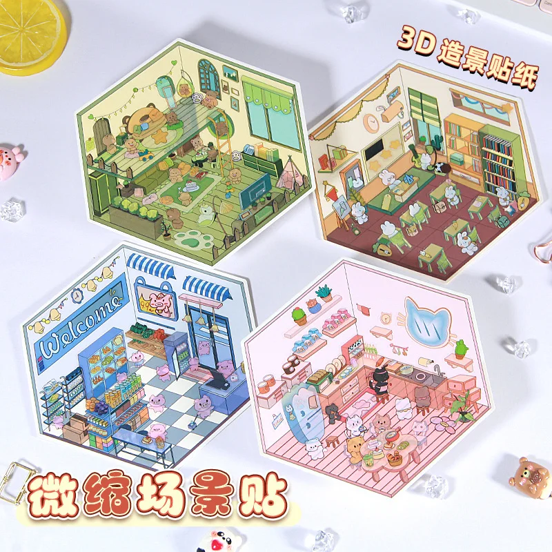 Casa de fantasía de animales de dibujos animados 3D, pegatina de escena en miniatura DIY, escena de cabina de bolsillo, apilamiento, pegado, regalo de Festival para