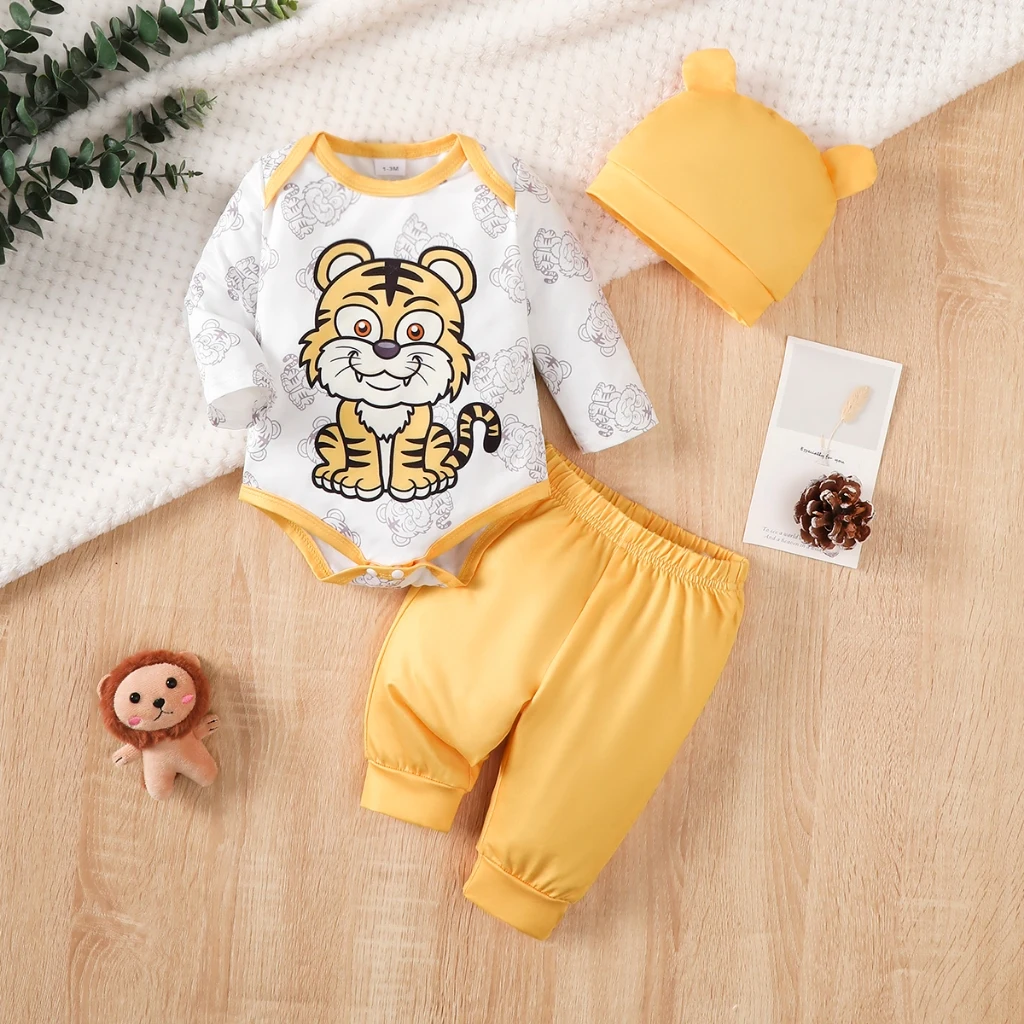 Ropa de bebé de manga larga de 0 a 9 meses, traje con estampado de dibujos animados de tigre, Top + Pantalones amarillos + sombrero bonito, mono para bebé recién nacido de 3 uds.