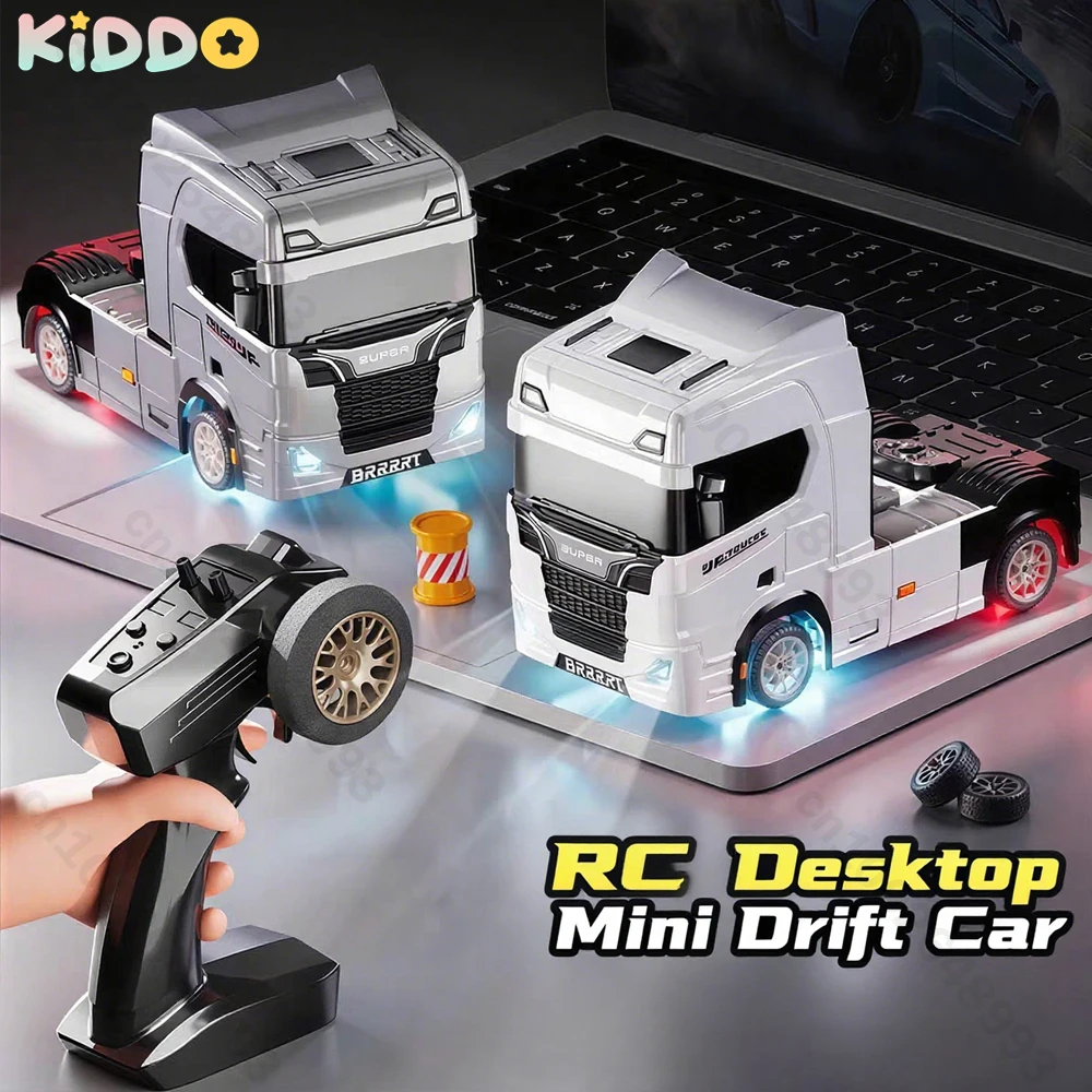 Camión semirremolque RC 1/43, juguete de mesa, Tractor de aleación, Control remoto, coche a la deriva, 2,4G, 4WD, giroscopio incorporado, luz y sonido