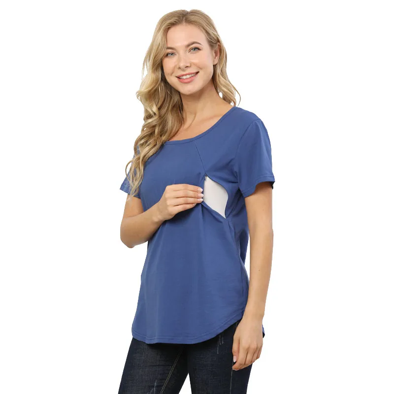 Camiseta de maternidad de talla grande para verano, ropa de lactancia de manga corta, cremallera Invisible, dobladillo curvo de apertura, algodón, talla estadounidense S-5XL