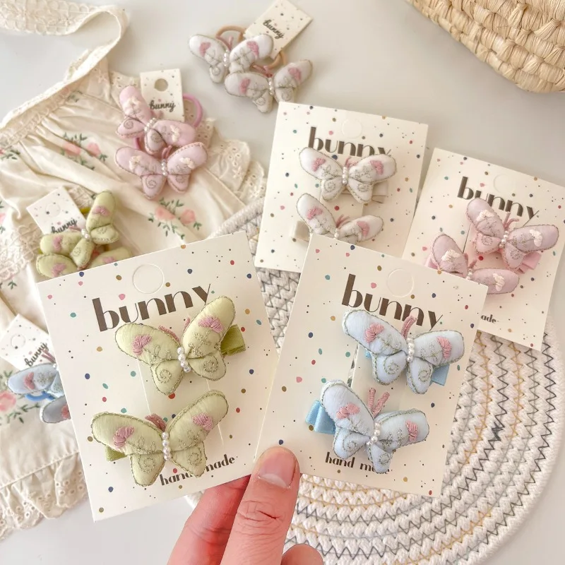 Set de accesorios para el cabello de niñas estilo primavera, color rosa: mariposa bordada a mano, lindo y delicado, gomas elásticas para el cabello y pinzas para flequillo lateral, dulce - imagen 3