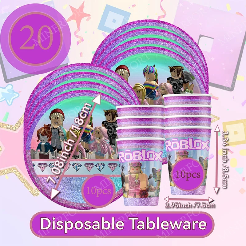 Roblox-platos y vasos de papel para niña, combinación de vajilla de dibujos animados, decoraciones para regalo de fiesta de cumpleaños, Baby Shower, color morado y rosa - imagen 3