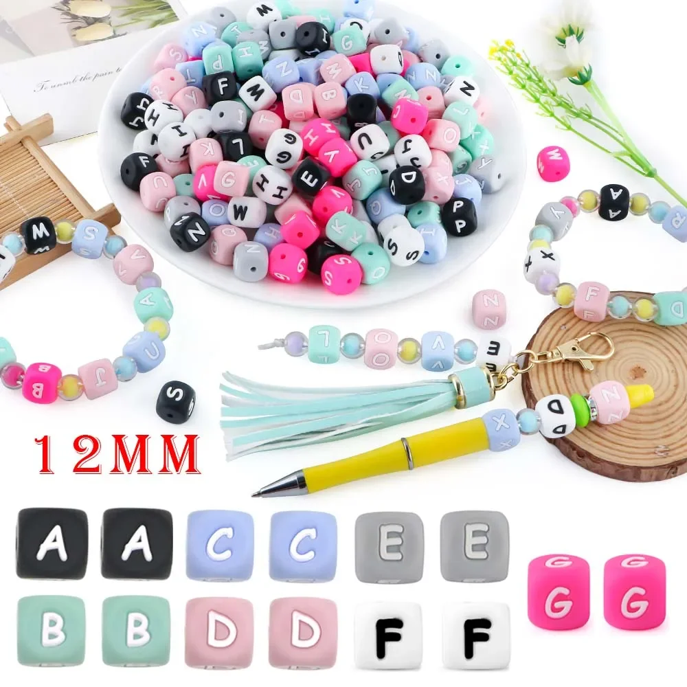 26 Uds azul/gris/rosa/verde/negro/blanco cuadrado 12mm cuentas de letras de silicona para fabricación de joyería DIY pulseras collares Accesorios