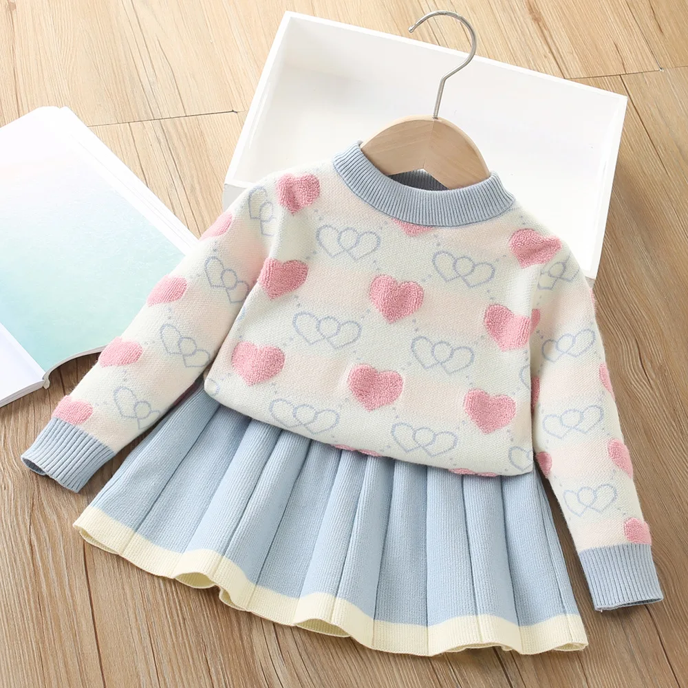 Conjunto de ropa para bebés de otoño/invierno, suéter y falda de punto con corazón para niñas de 1 a 5 años, 2 uds., conjunto de moda para niñas, jersey para niños - imagen 2