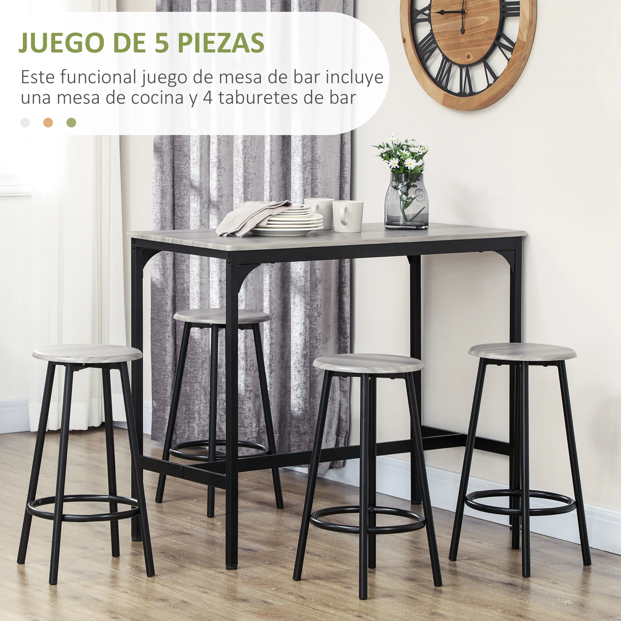 HOMCOM Conjunto de Mesa Alta de Bar y 4 Taburetes Mesa Alta de Cocina con Taburetes Estilo Industrial Marco de Metal para Salón Gris y Negro - imagen 4