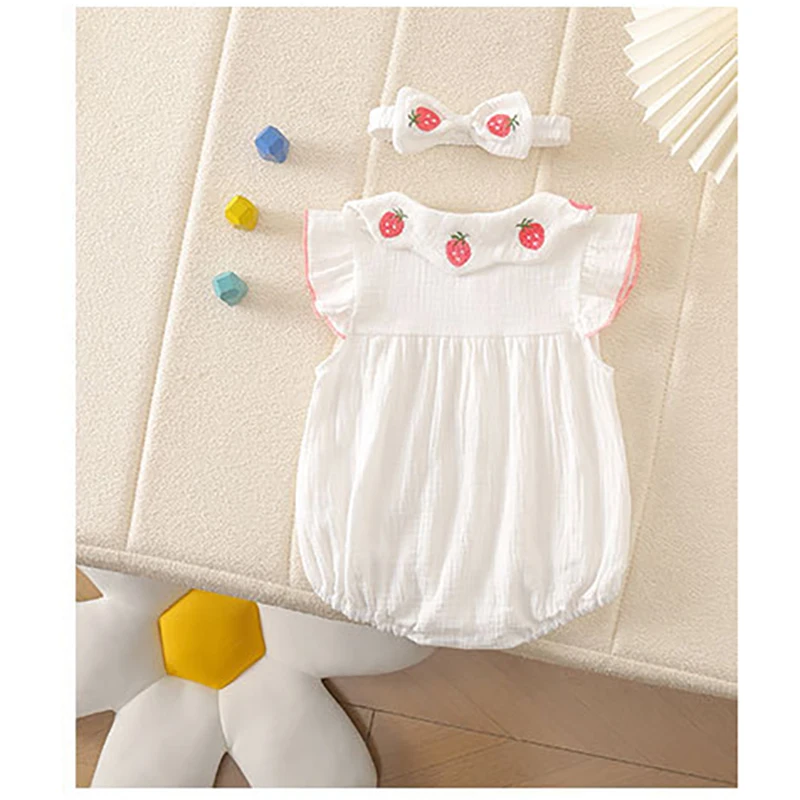MILANCEL-Body de verano para bebé de 0 a 2T, mono bonito bordado de fresa para niño pequeño + banda para el pelo, prendas de vestir con mangas voladoras para niña - imagen 2
