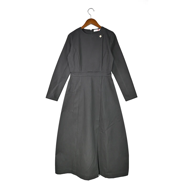 Vestido largo tejido para mujer Otoño/Invierno gris verde con bolsillos laterales manga larga cuello redondo vestido casual hasta el suelo