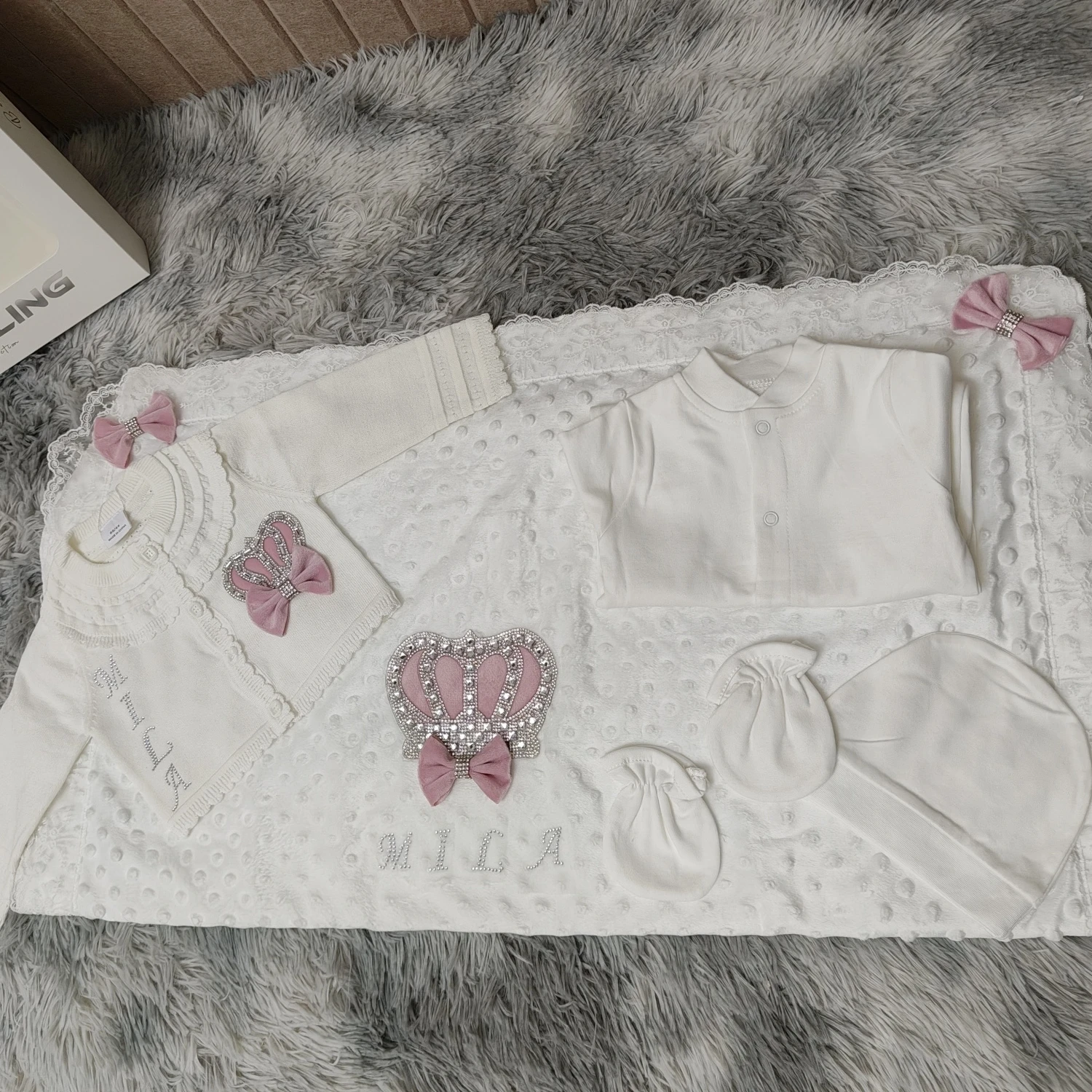 Pelele de encaje bordado para bebé recién nacido, ropa de algodón, productos para bebé envueltos, pantalones, mitones, manta receptora, 5 uds. - imagen 2