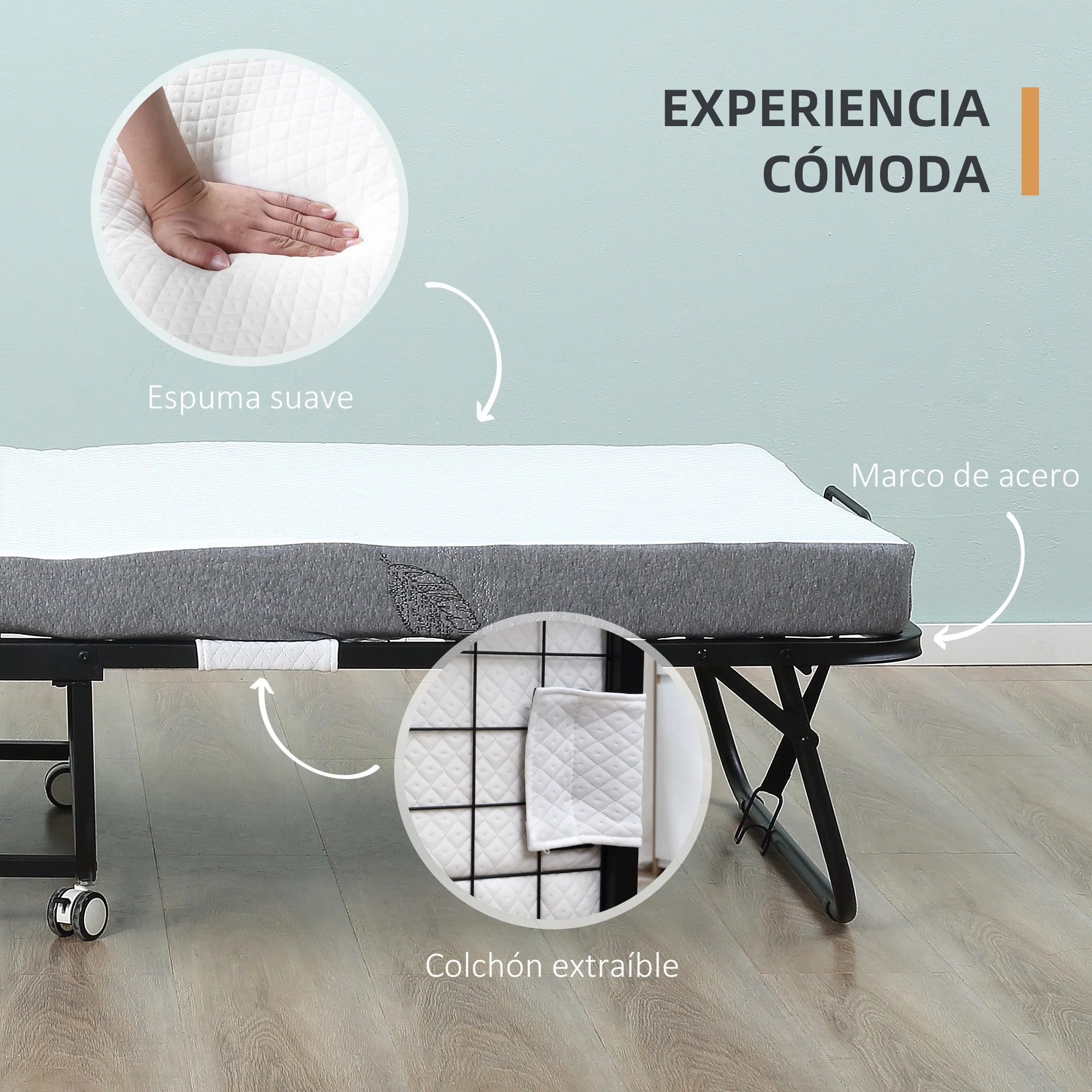 HOMCOM Cama Plegable 200x90 cm con 4 Ruedas, Cama de Camping Portátil, con Colchón Individual de 10 cm, Marco de Acero, Carga 150 kg, para Dormitorio, Salón, Oficina, Blanco - imagen 5