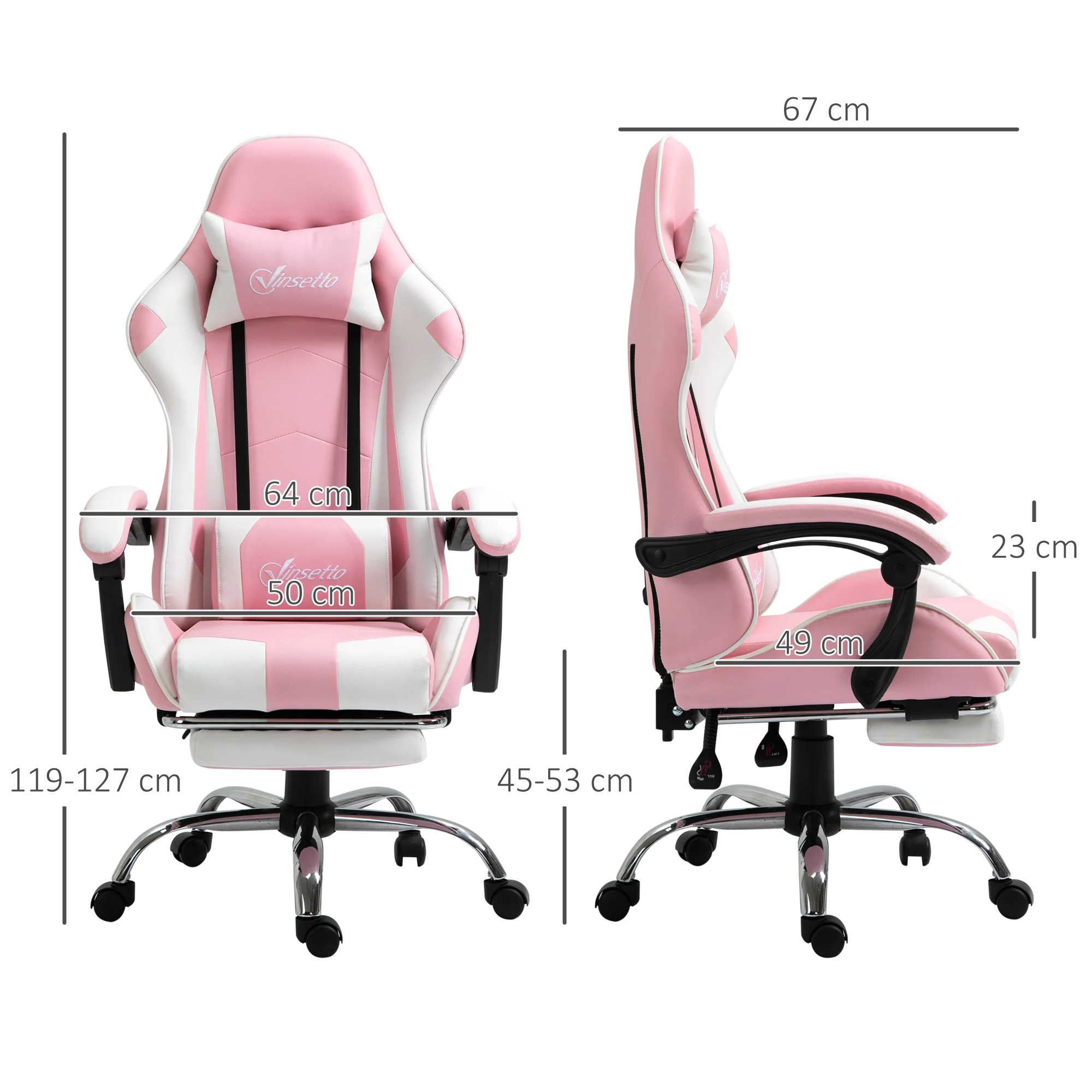 Vinsetto Silla Gaming Reclinable Silla Gamer Giratoria con Reposacabezas Reposapiés Cojín Lumbar Altura Ajustable para Oficina Estudio 64x67x119-127 cm Rosa - imagen 3