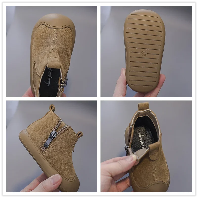 Botas de cuero genuino para niños y niñas, zapatos antideslizantes de suela suave, ante de vaca, para exteriores, Otoño e Invierno - imagen 5