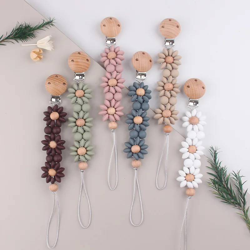 Daisy Bebe-soporte de silicona para chupete, Clip de madera para chupete, cadena, Clip para chupete para bebé, niña, niño, neborn, mordedor masticable infantil - imagen 3