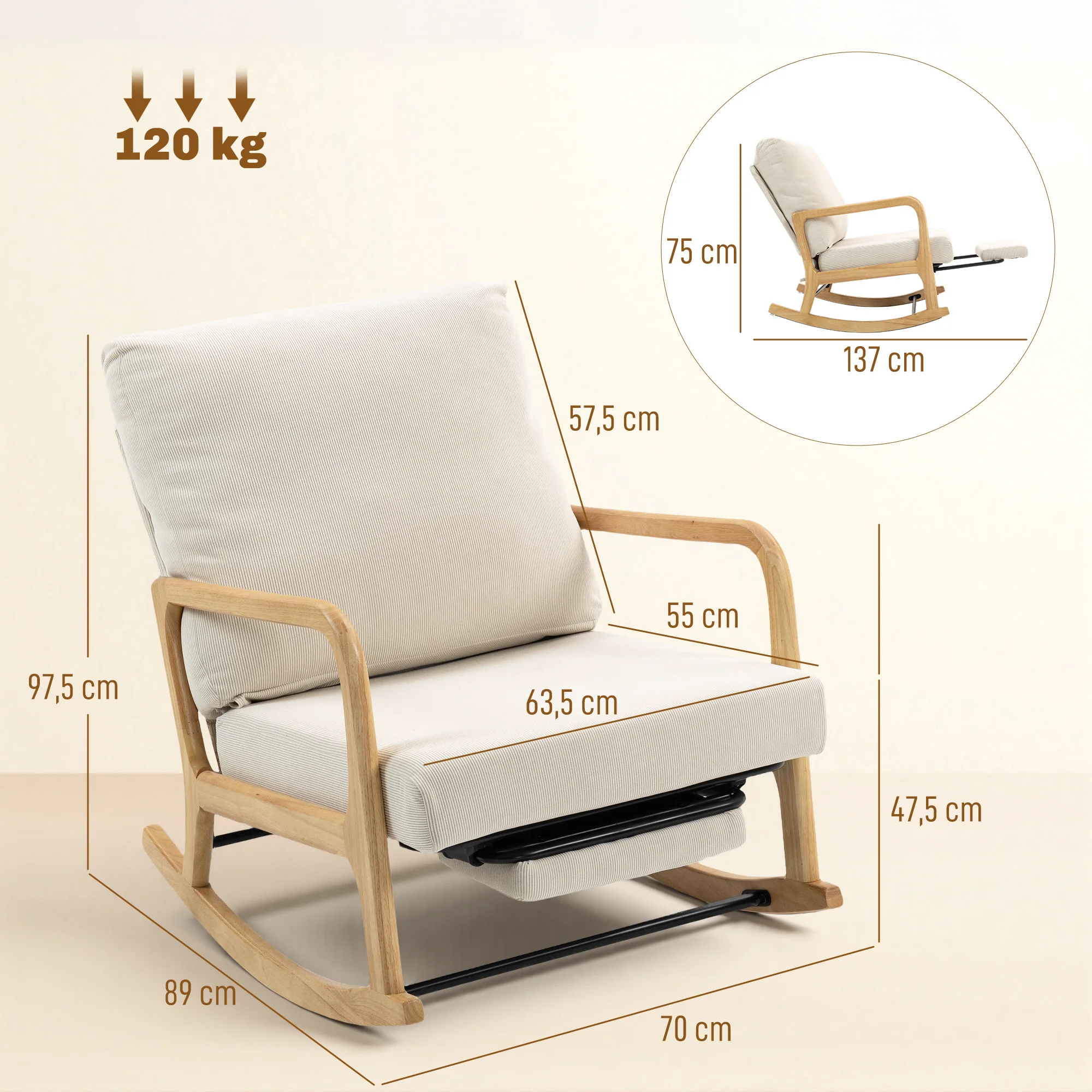 HOMCOM Silla Mecedora con Reposapiés, Respaldo Ajustable, Mecedora de Pana Nórdica, Patas de Madera, Reposabrazos, Cojín Lumbar, Sillón para Lactancia, Carga 120 kg, para Dormitorio, Salón, Crema - imagen 3