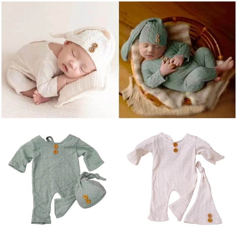 2 unids/set de accesorios para fotografía de niño recién nacido, ropa tejida, mono para bebé, conjunto de sombrero con nudo, mono para sesión de fotos, gorros - imagen 3