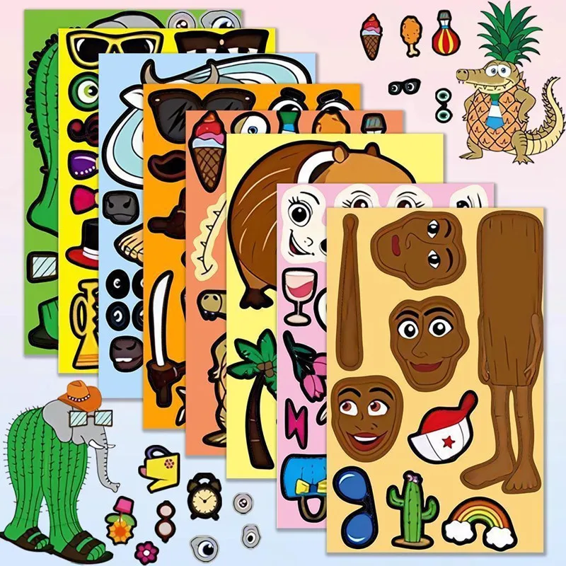 Juego de pegatinas de cerrojo italiano, 8/16 hojas, pegatinas de rompecabezas de Tung Sahur, hacer una cara, rompecabezas divertido para montar, juguetes educativos para niños - imagen 3