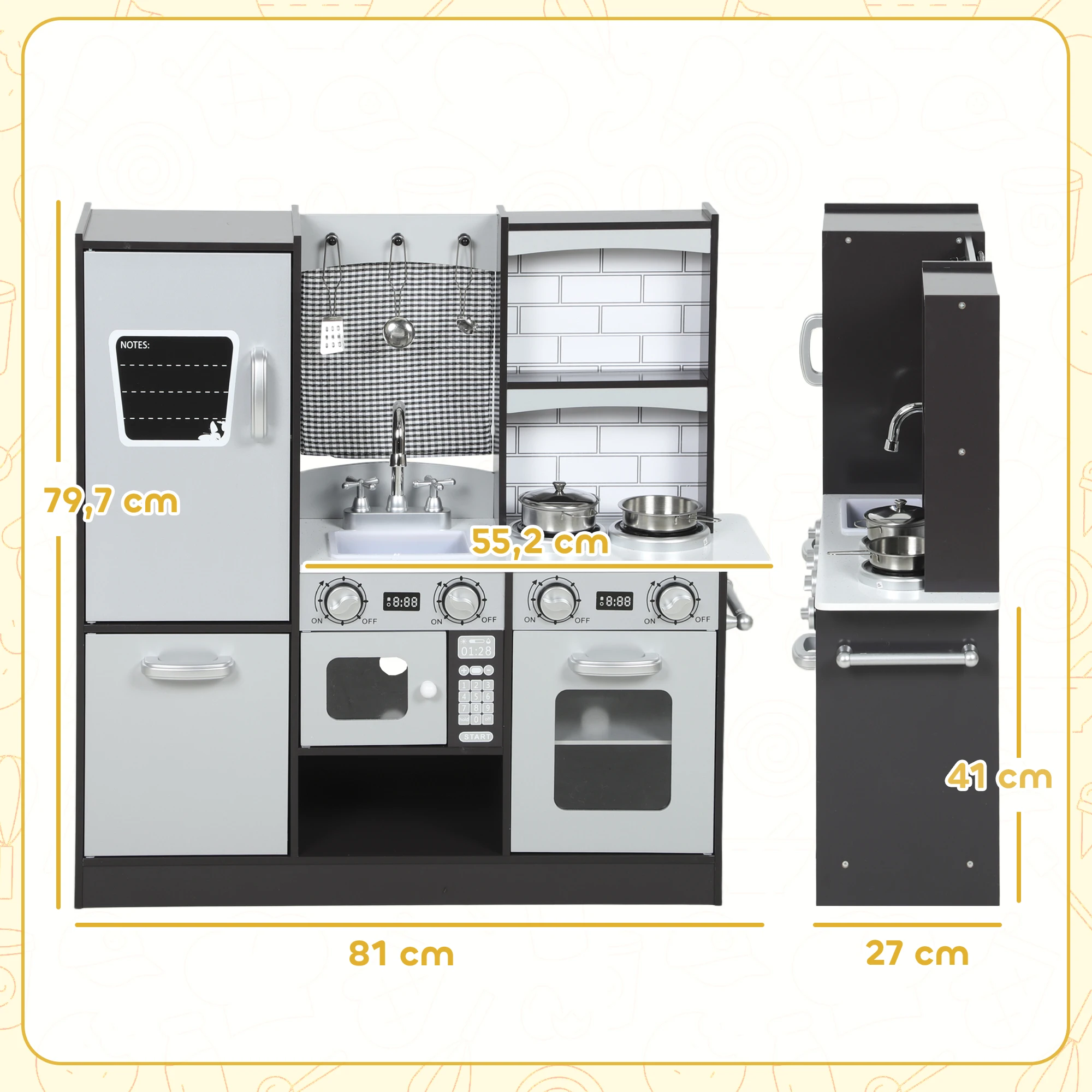 AIYAPLAY Cocina de Juguete de Madera con Sonido, Cocinita Infantil con Accesorios de Acero Inoxidable, Nevera, Microondas, Fregadero, 81x27x79,7 cm, Marrón Oscuro - imagen 3