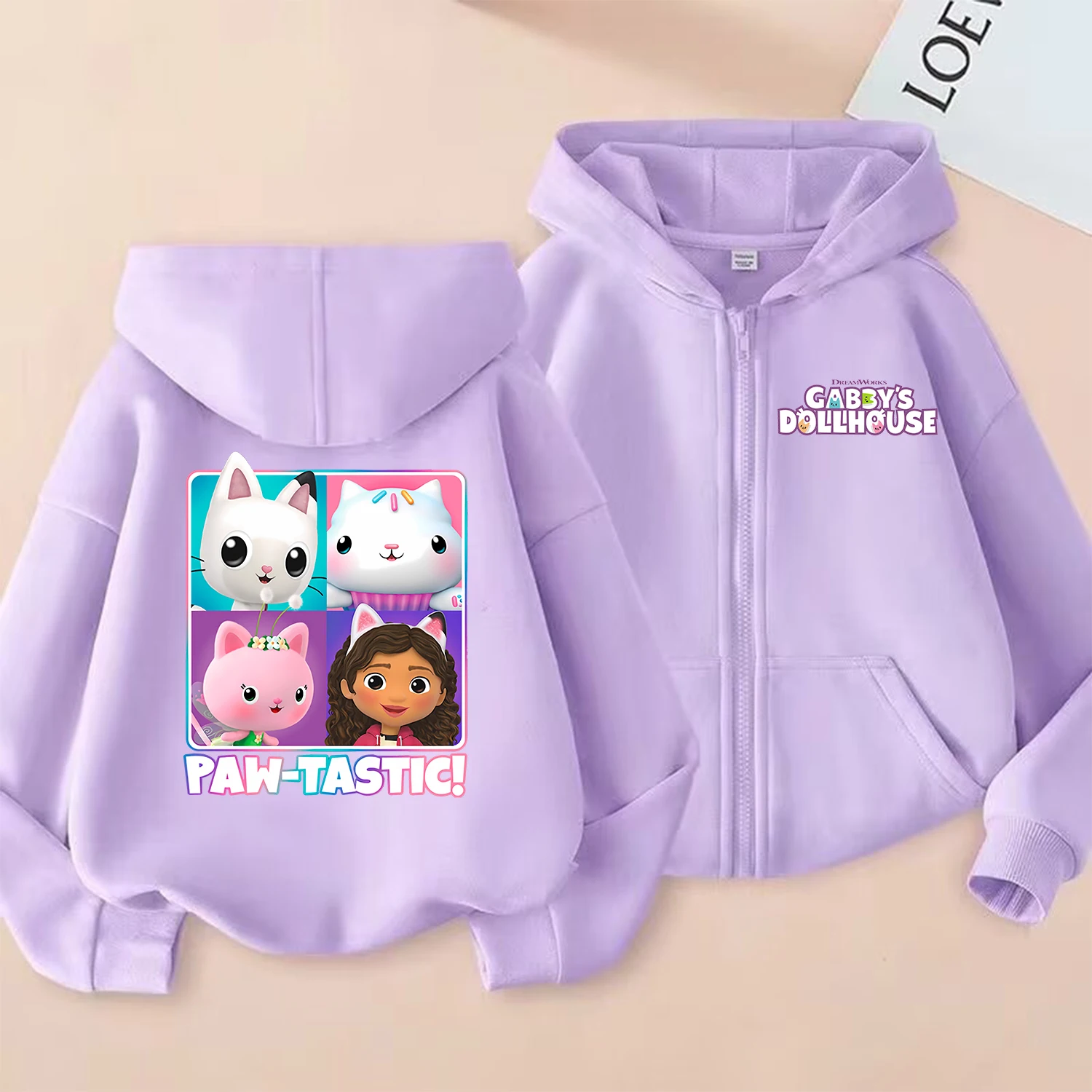 Gabby Dollhouse Sudadera con capucha y cremallera para niñas, abrigo de dibujos animados, ropa de Anime a la moda, chaqueta con capucha de otoño púrpura, sudadera Kawaii para niños, regalo - imagen 5