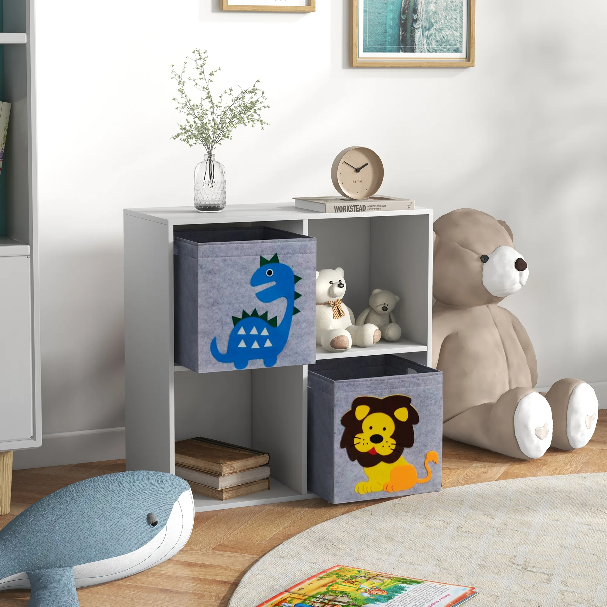 ZONEKIZ Estantería para Juguetes Infantil Librería para Niños de +3 Años con 4 Compartimientos de Almacenaje y 2 Cajones de Tela no Tejida con Imagen de Animales 61,8x29,9x61,8 cm Blanco y Gris - imagen 4