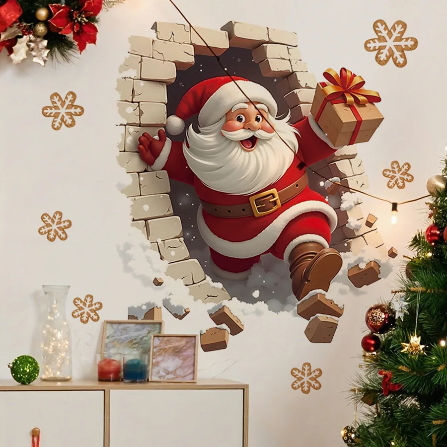 Pegatinas de pared autoadhesivas 3D para regalo de Papá Noel en la nieve, decoración navideña, pegatinas de pared para el hogar - imagen 3