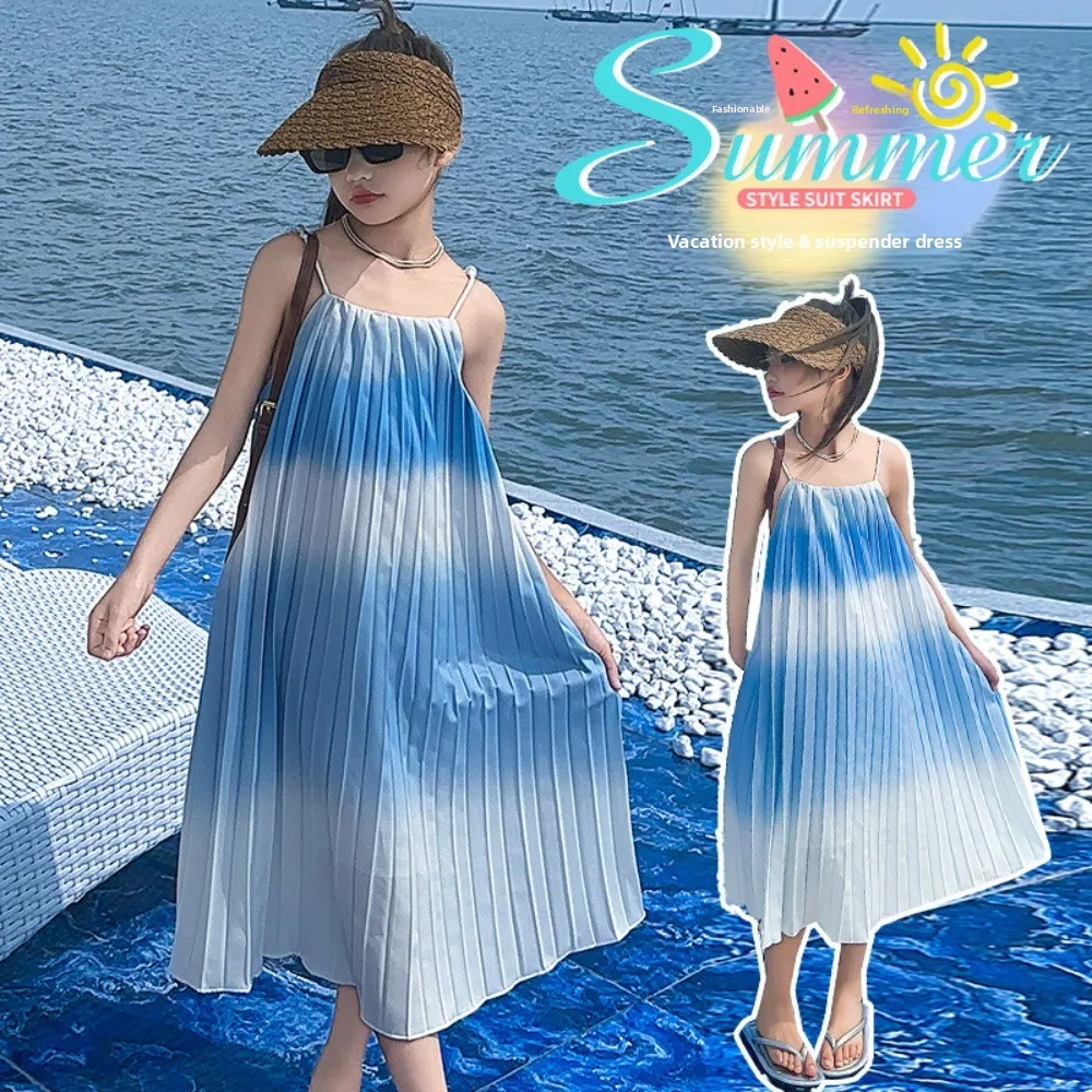 Falda sin mangas para vacaciones en la playa para niños, vestido plisado con tirantes y volantes de princesa para niños, vestido largo degradado con volantes para vacaciones