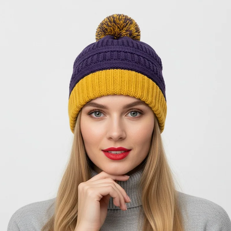 ¡Beanie con pompones y bloques de color más vendido! Moda para mujer, gorro de punto cálido a prueba de viento, versátil, elegante, acogedor y llamativo. - imagen 2