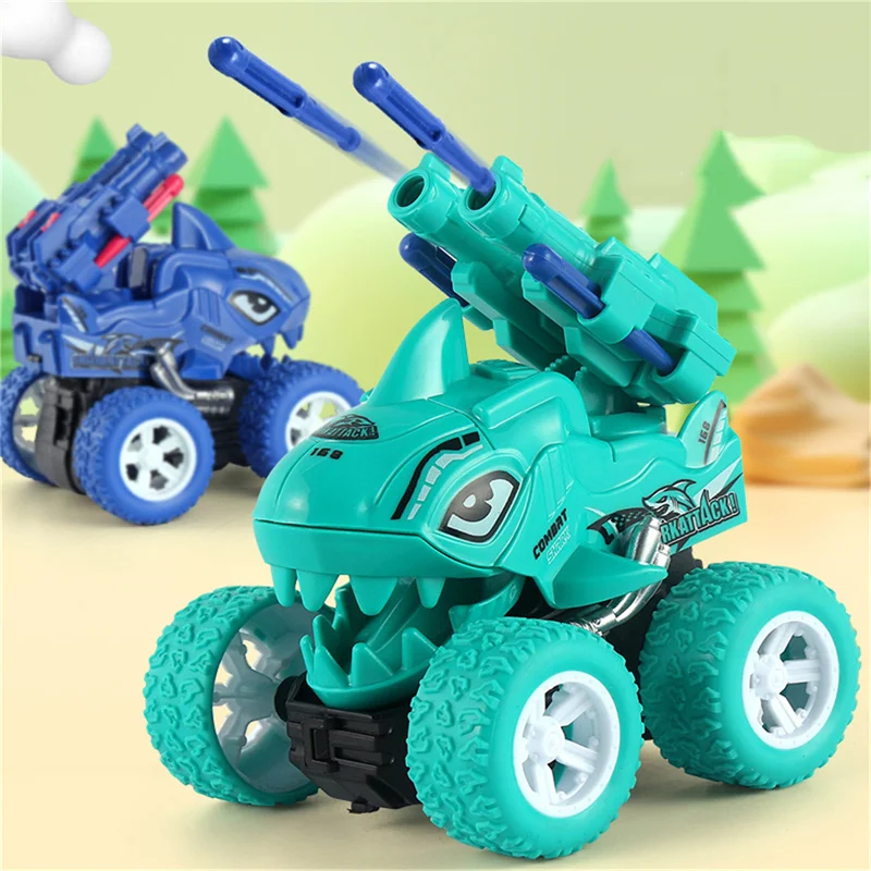 Coche de juguete de inercia de dinosaurio para bebé con lanzador de doble bala, juguete lanzador de inercia de tiburón bonito de dibujos animados, resistente, sin baterías, regalos para niños - imagen 2