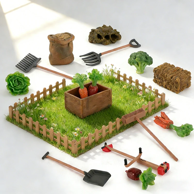 Juego de simulación de juguetes de granja, estatuilla de granjero, Mini herramientas de jardinería, pala, rastrillo, tenedor, verduras, tallo, juego educativo, regalo para niños - imagen 3