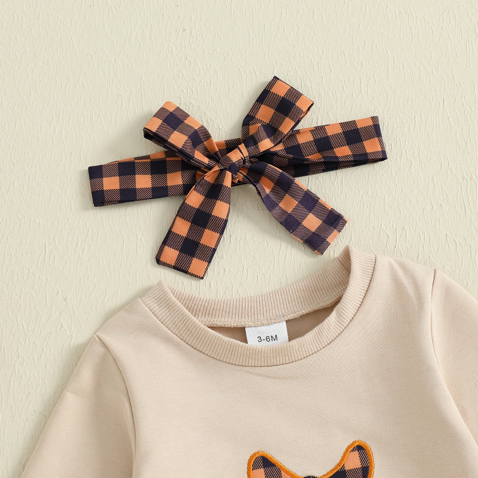 Traje de Halloween para niña de 0 a 18 meses, pelele con estampado de fantasma a cuadros, mono de manga larga con cuello redondo y diadema con lazo - imagen 4