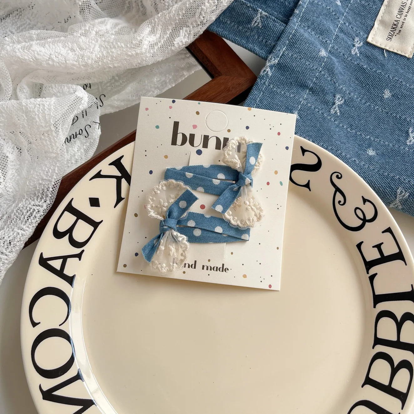 Nueva horquilla con lazo de encaje vaquero de color claro, tela bonita coreana, sombreros versátiles, accesorios para el cabello para niñas y niños - imagen 2